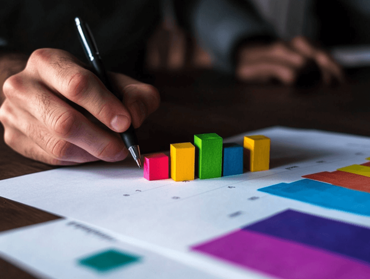 Colorful bar graph on paper with hand writing.