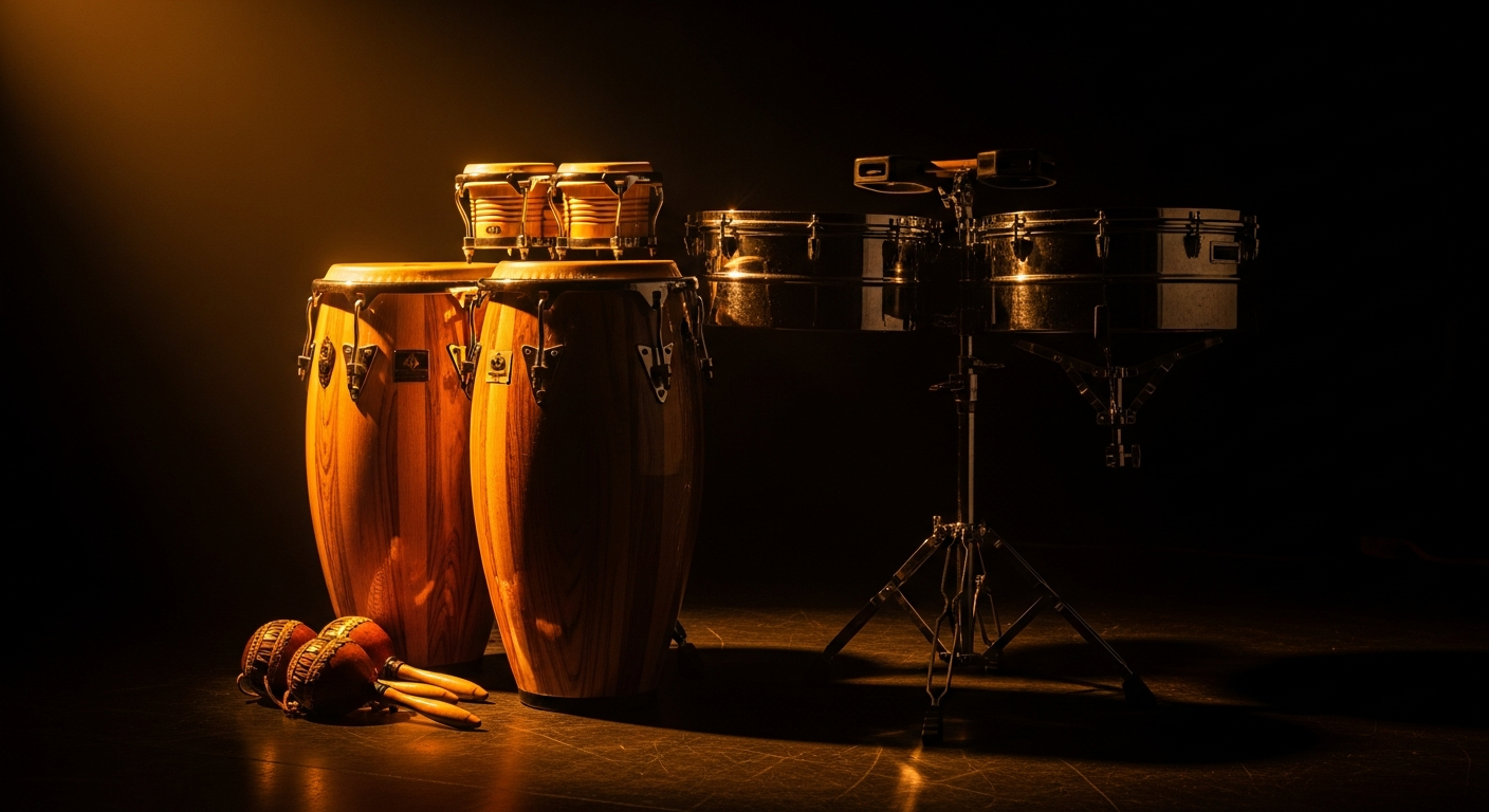Latin music promotion with percussion and vibrant instruments