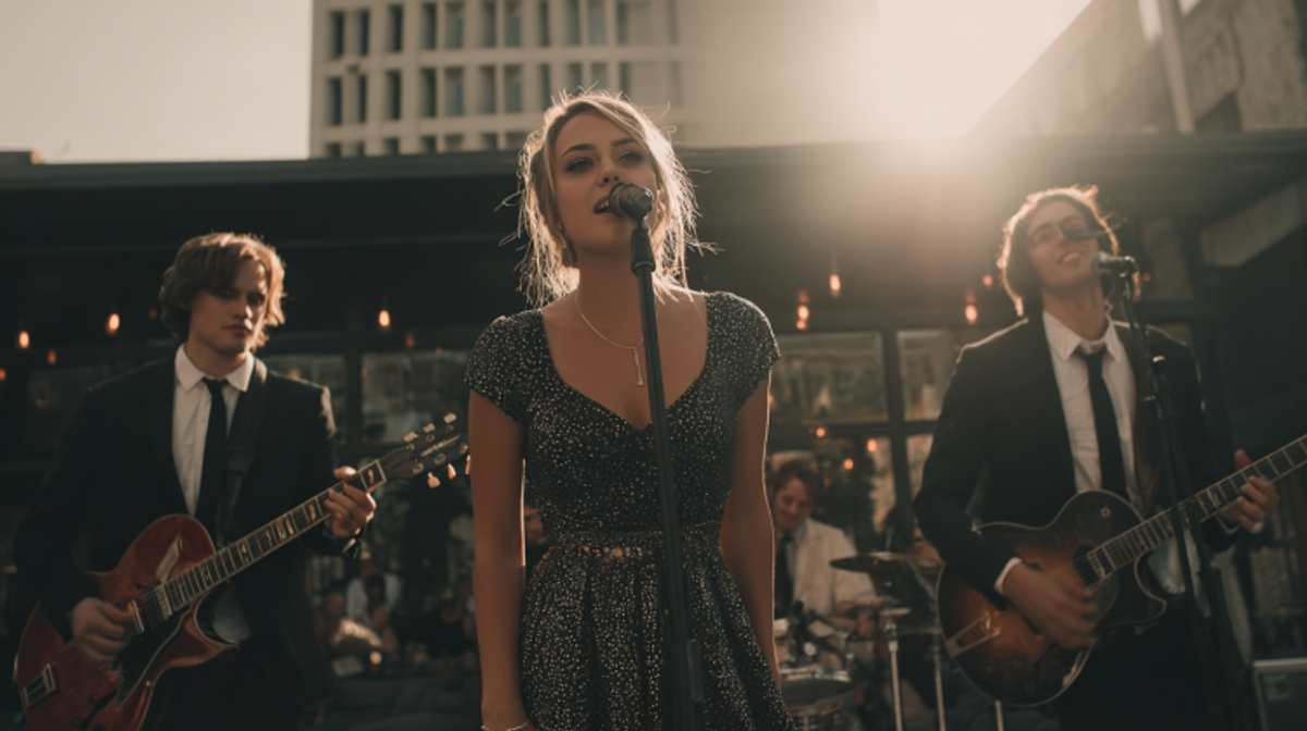 Band performing outdoors at sunset.