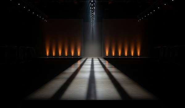 Dark moody fashion runway setup with dramatic spotlight and deep shadows