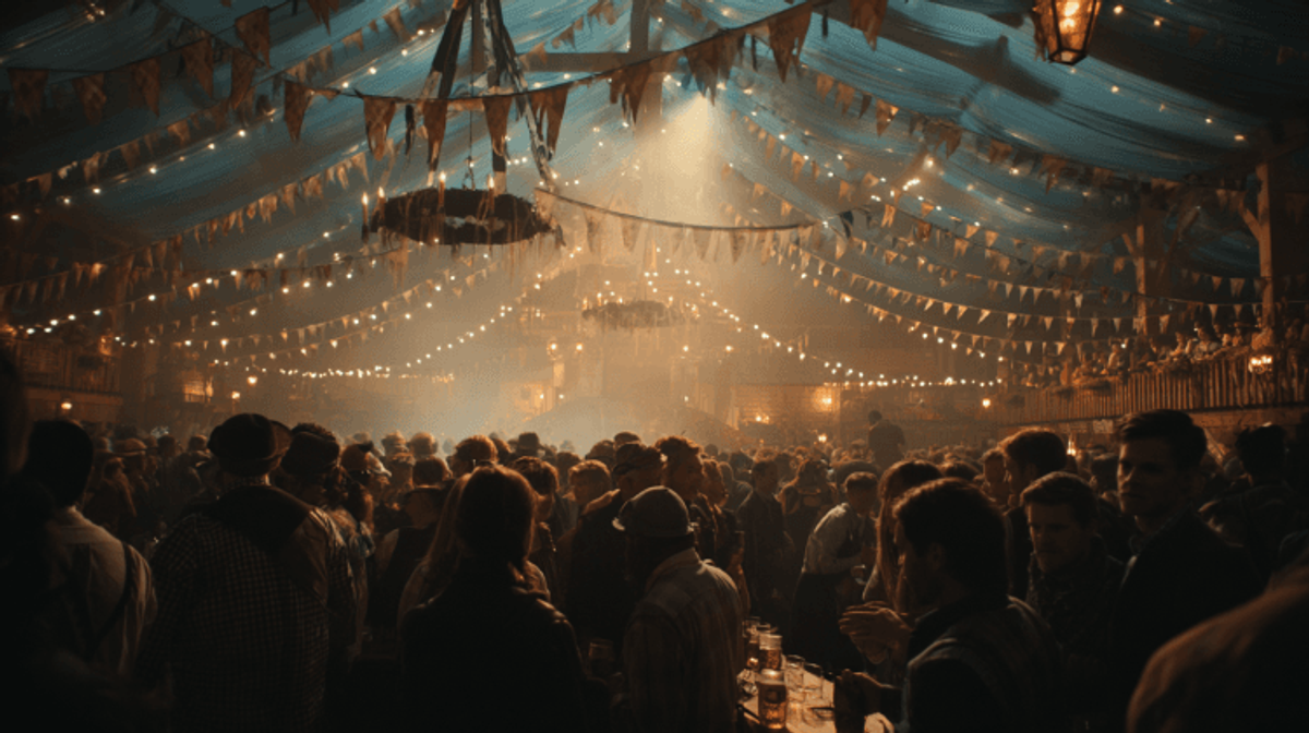 Crowded Oktoberfest celebration in festive tent.