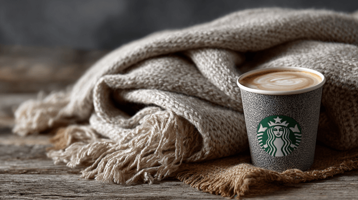 Cozy latte with knitted blanket on wooden table.