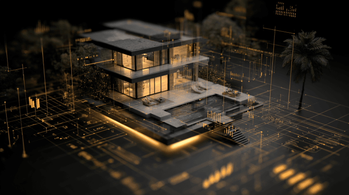 Futuristic architecture design with digital overlay.