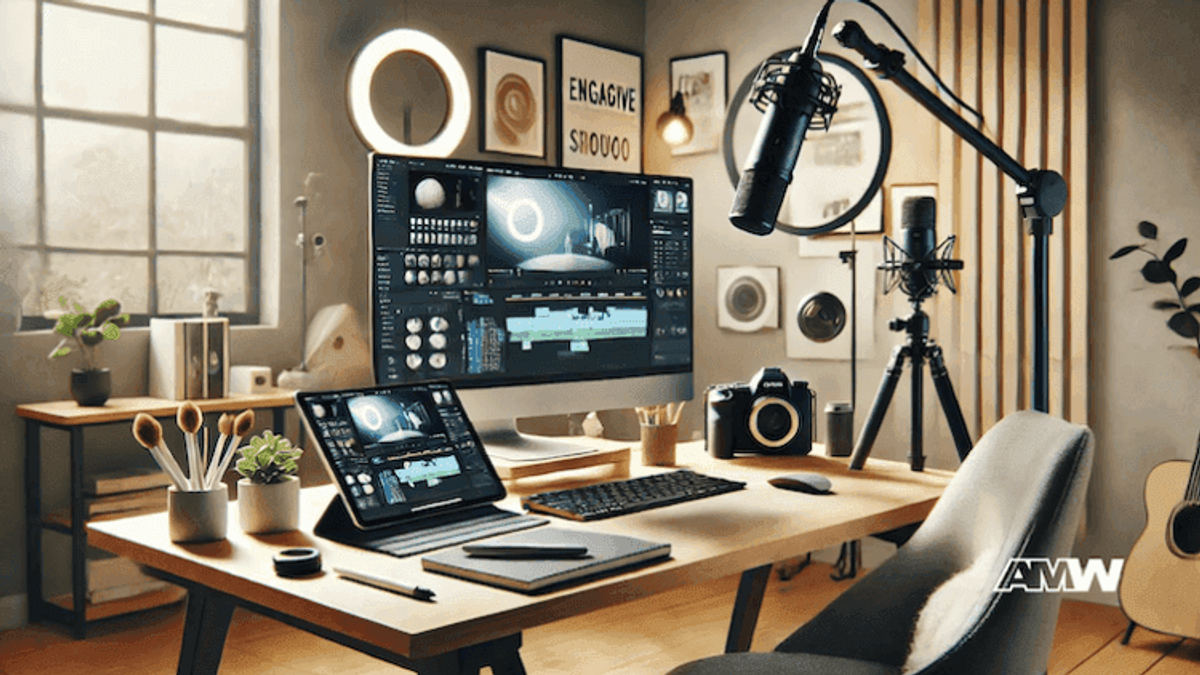 Professional multimedia workspace with desktop and recording equipment.