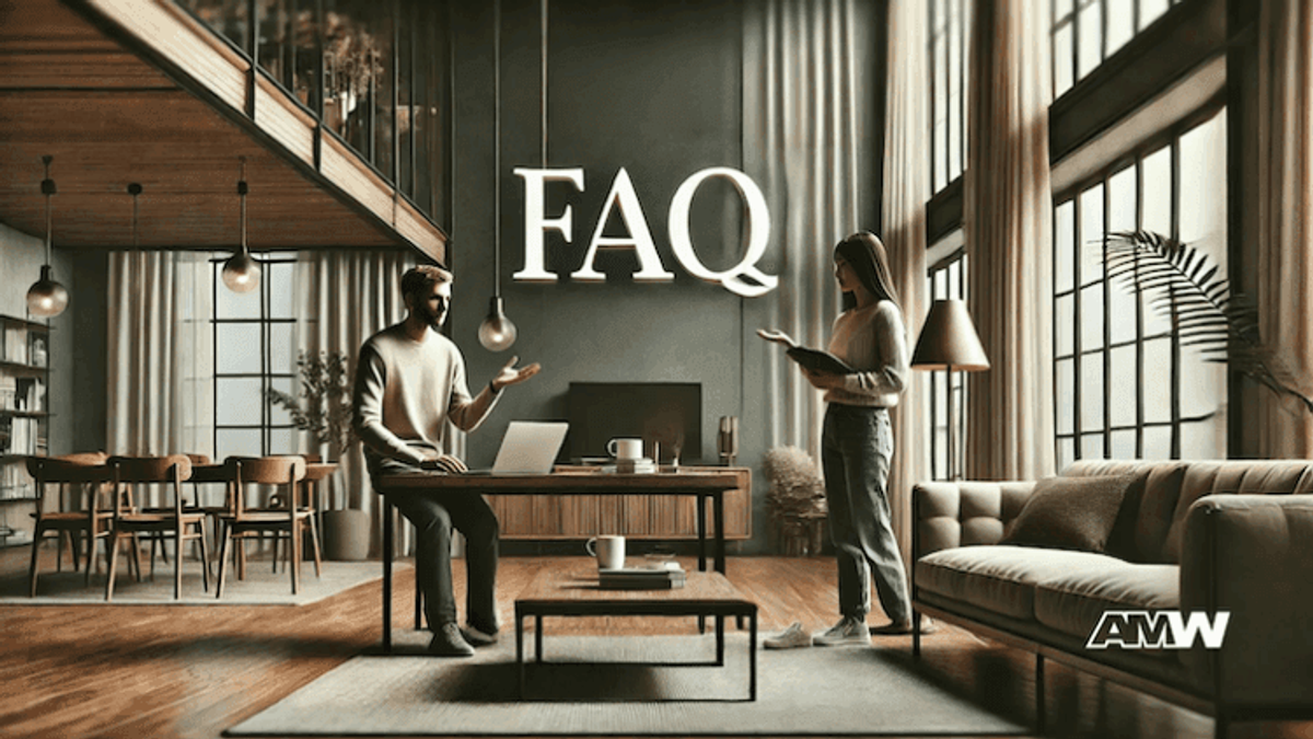 Two people discussing in modern living room, FAQ sign.