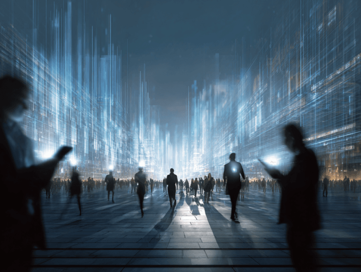 Digital city at night with silhouettes of people.