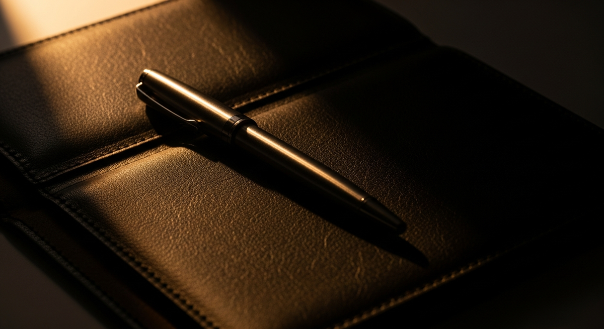 Elegant silver pen resting on dark leather portfolio with dramatic warm side lighting