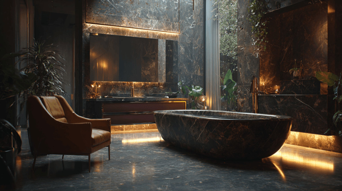 Luxurious marble bathroom with modern design features.