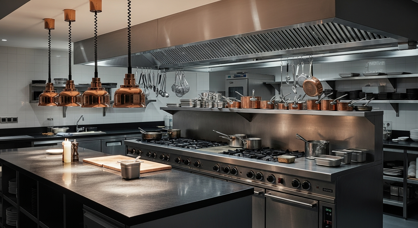 Premium restaurant kitchen with dark stainless steel surfaces and copper cookware