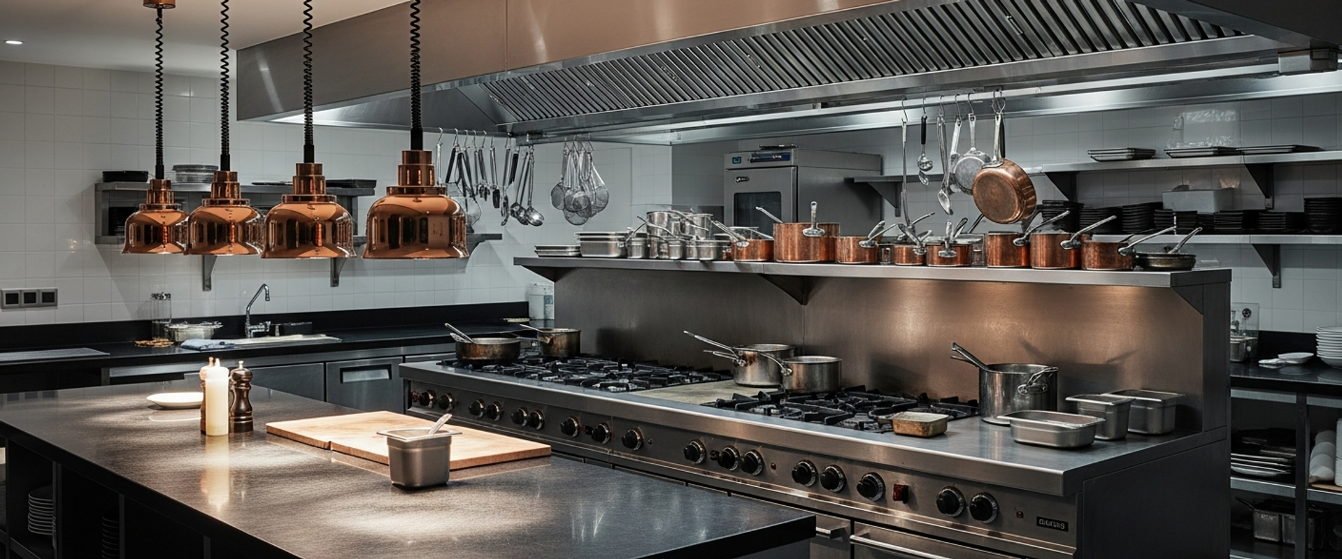 Premium restaurant kitchen with dark stainless steel surfaces and copper cookware