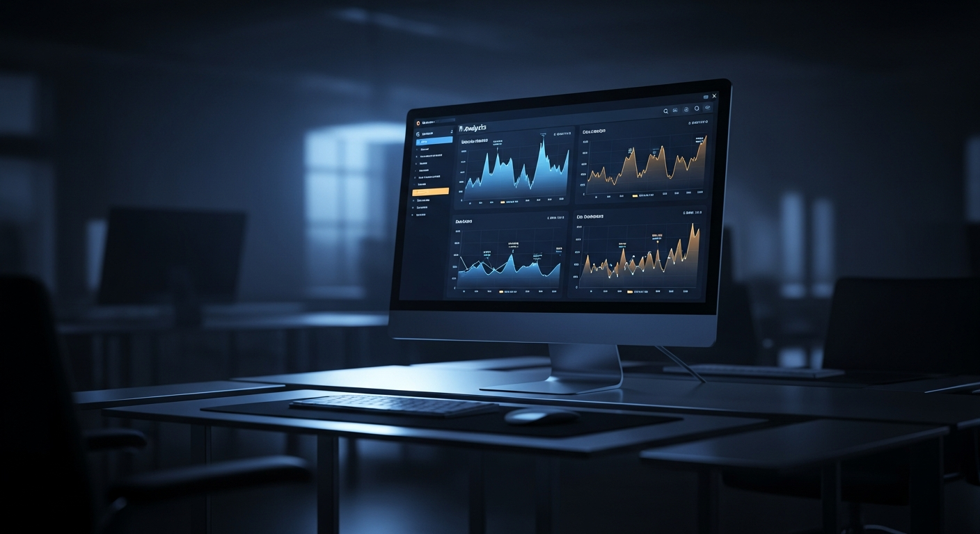 Analytics dashboard on a computer monitor glowing in a dark office space