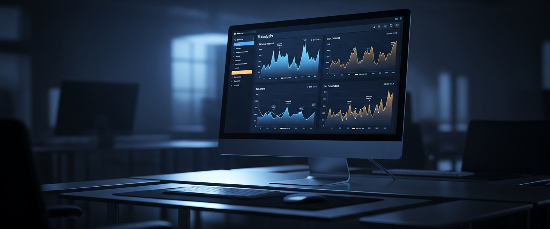 Analytics dashboard on a computer monitor glowing in a dark office space