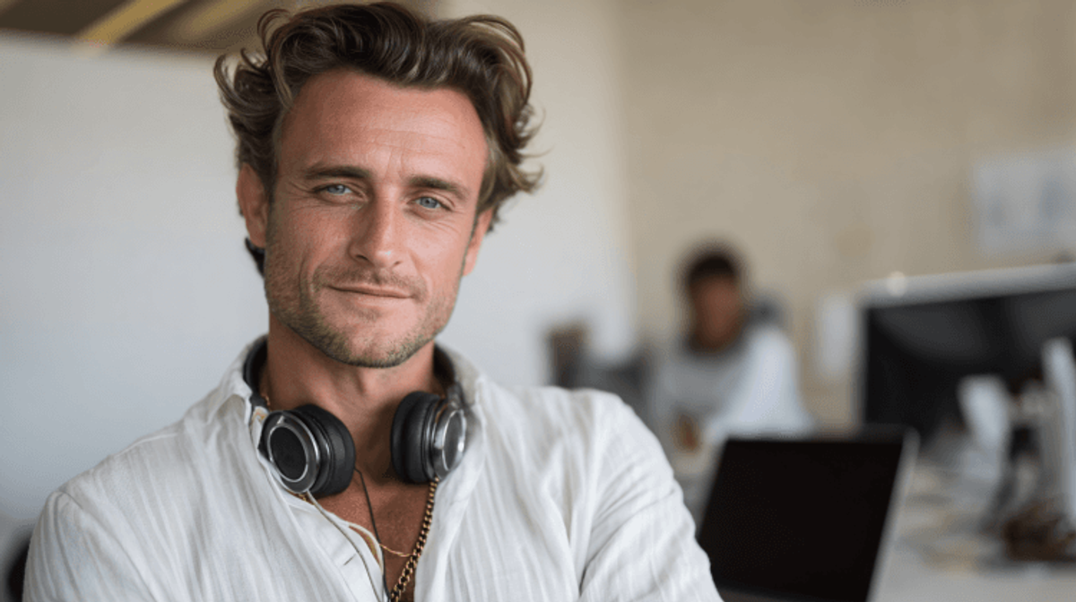Smiling person with headphones in office setting