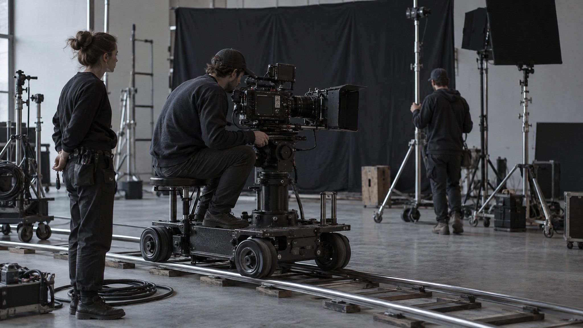 Film stage with a cinema camera on a dolly and lights off