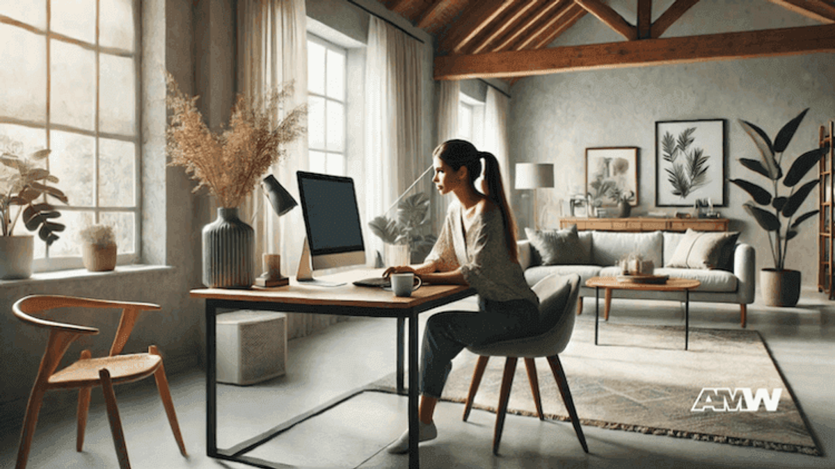 Woman works remotely in stylish home office.