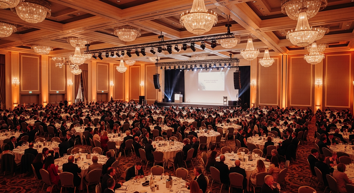 Grand corporate gala event with hundreds of guests at round tables in a premium ballroom with warm amber lighting and crystal chandeliers