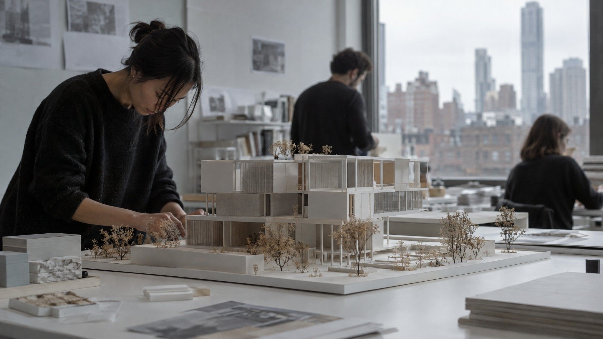 Architect's foam-board model of a modern building on a white table