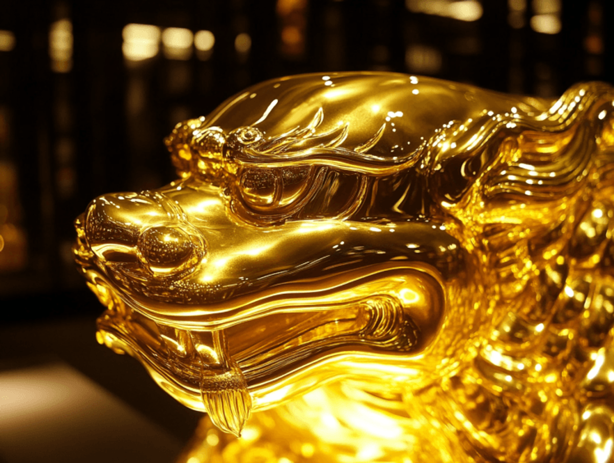 Close-up of shiny gold lion sculpture