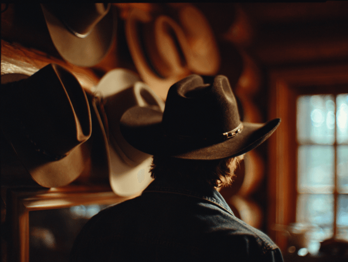 Person in hat facing hat-covered wall indoors.