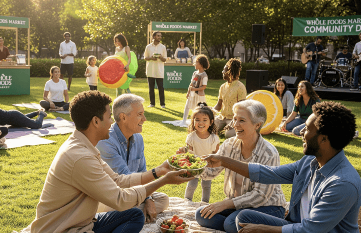 People picnic outdoors at Whole Foods community event.