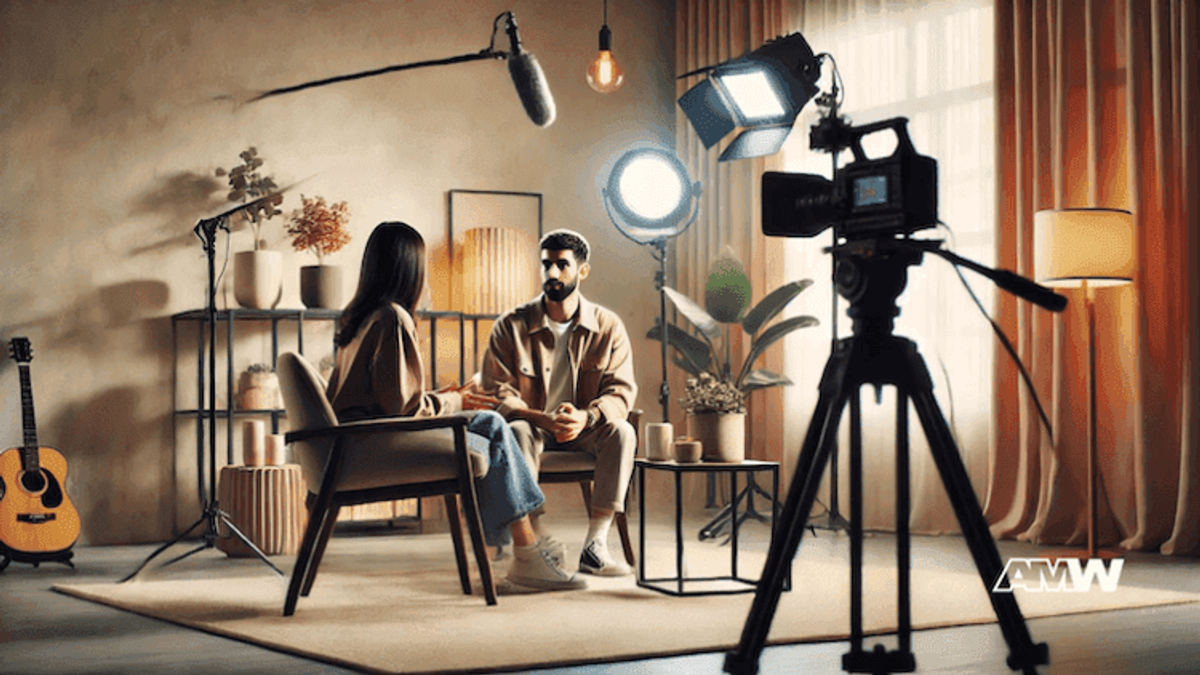 Couple recording video in studio setup.