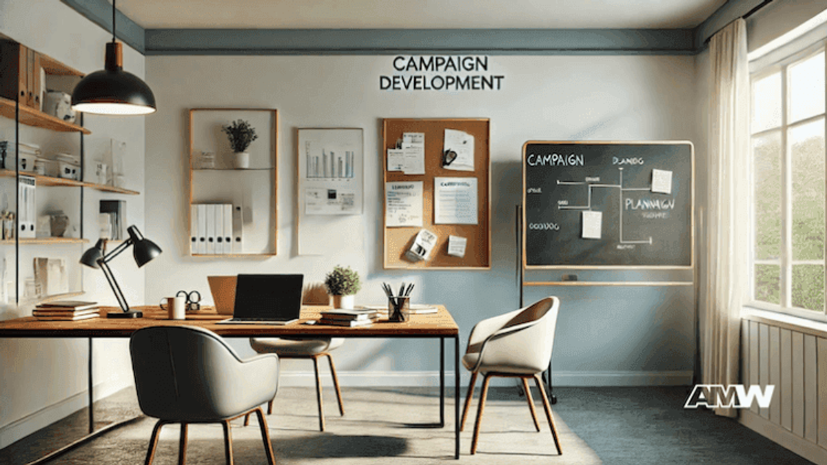 Modern office with campaign development tools.