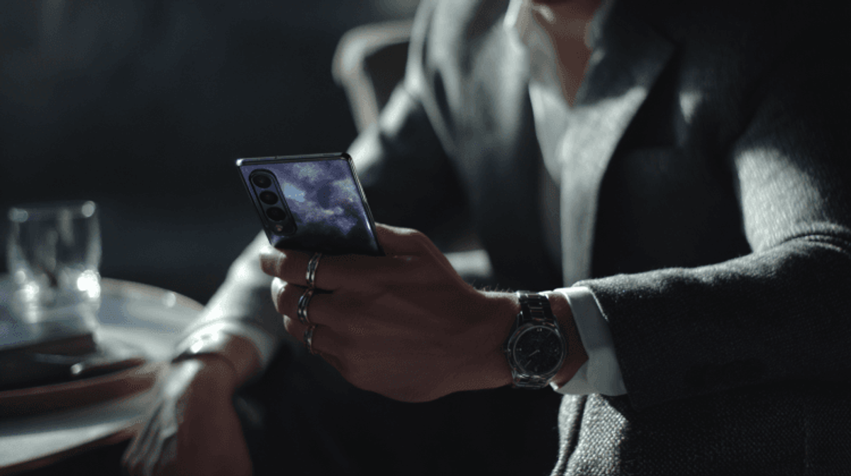 Man holding smartphone, wearing watch and rings.