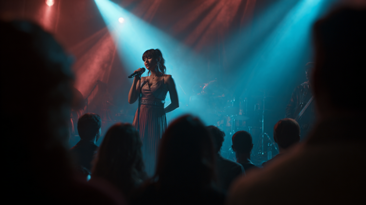 Singer performing on stage under colorful lights.
