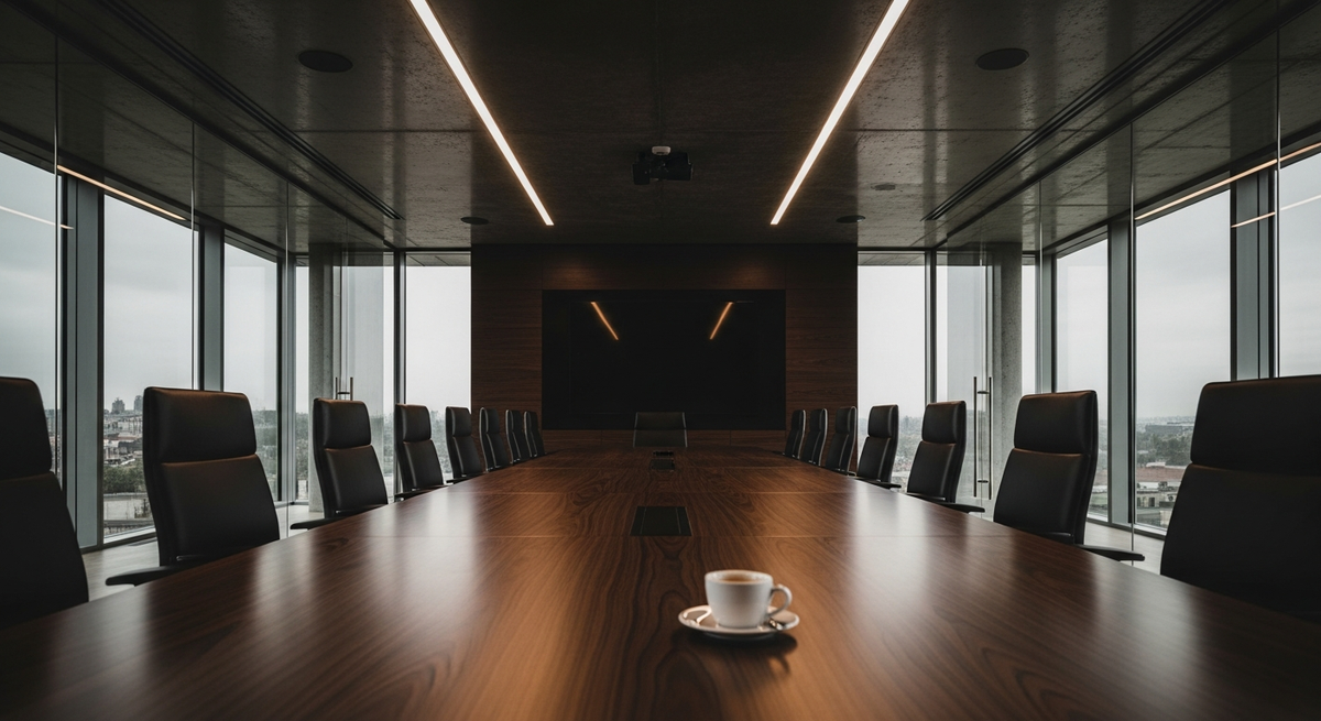 Modern luxury boardroom with dark walnut table and floor-to-ceiling glass windows flooding with natural daylight