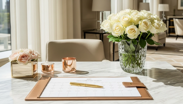 Elegant event planning setup with premium calendar and luxury decor in natural light