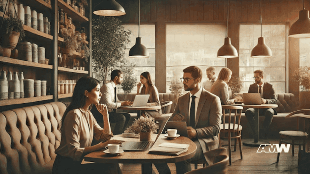 Professionals working on laptops in a coffee shop.