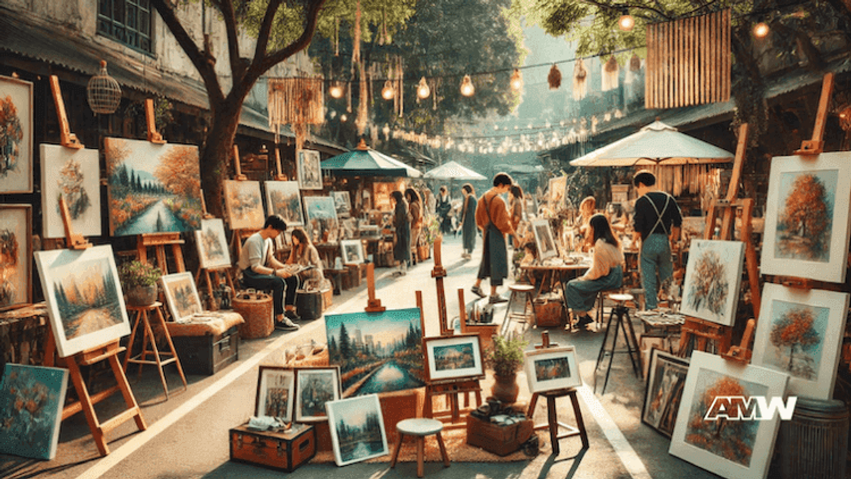 Outdoor art market with paintings for sale.