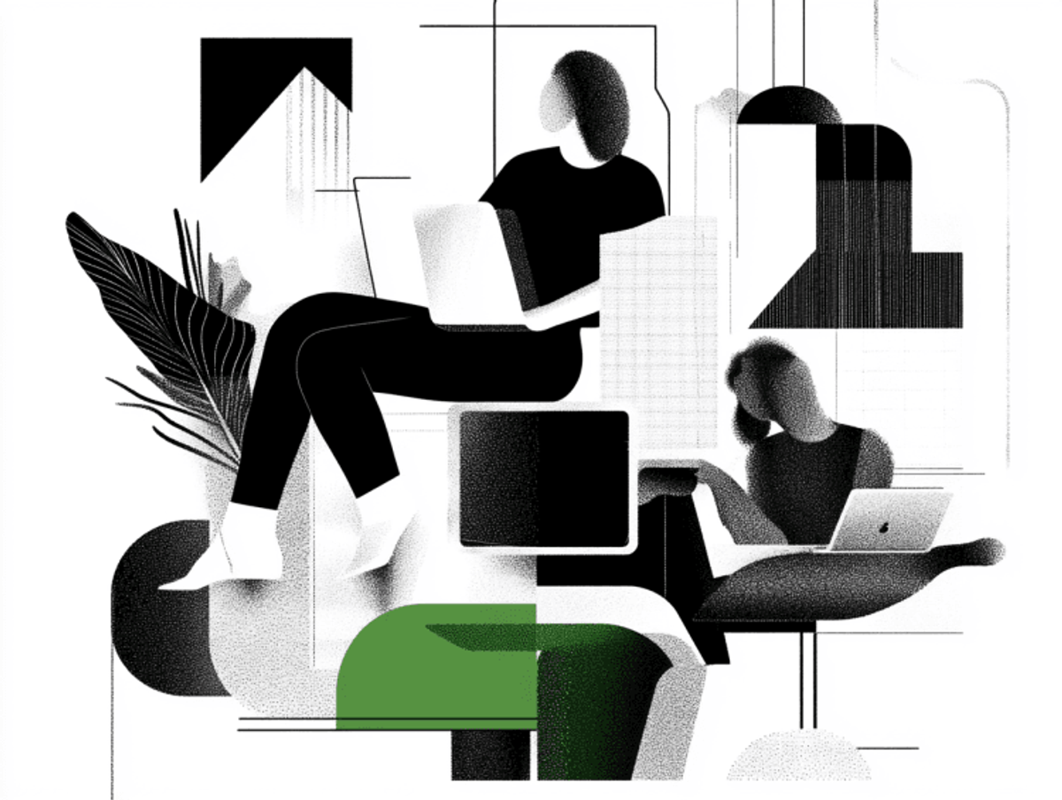 Stylized illustration of people working on laptops.