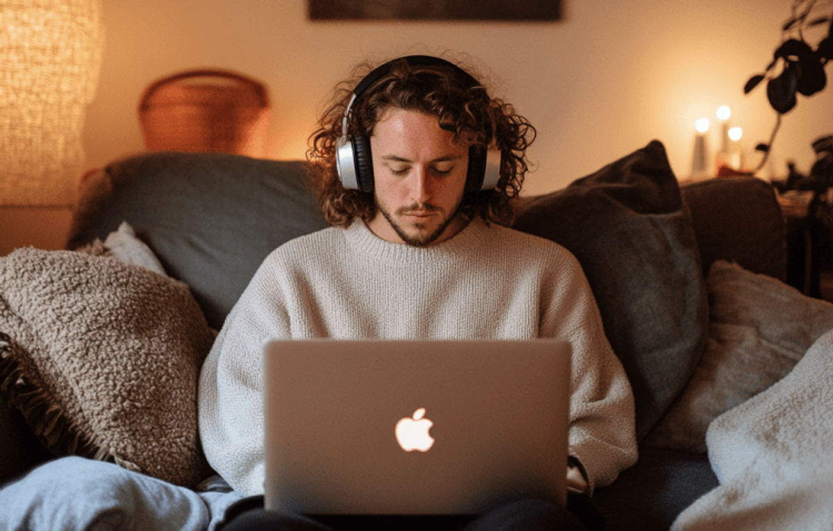 Person with headphones using laptop on couch