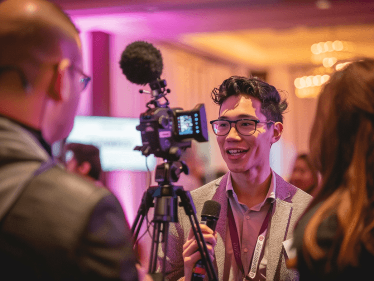 Man being interviewed at event with microphone and camera.