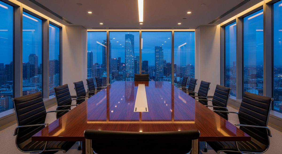 Executive boardroom with city views at dusk for strategic decision making