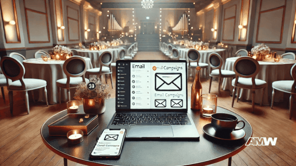 Elegant banquet hall with email campaign screens.