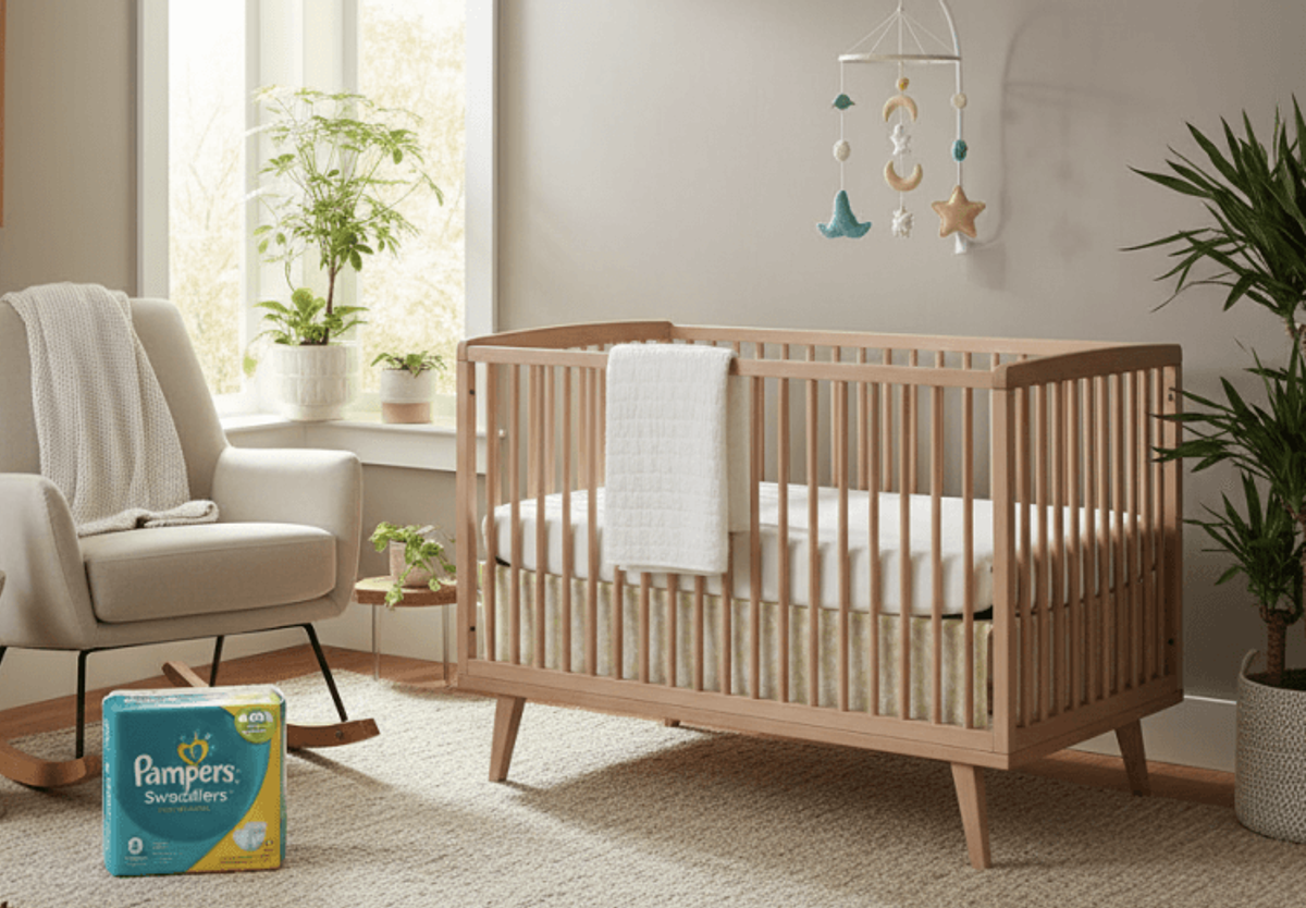 Nursery with crib, rocking chair, Pampers diapers.