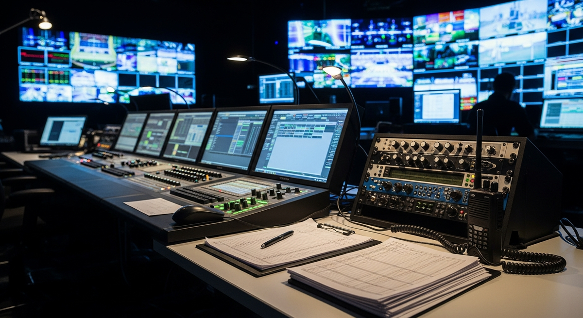 Professional event coordination workspace with monitors and operational equipment