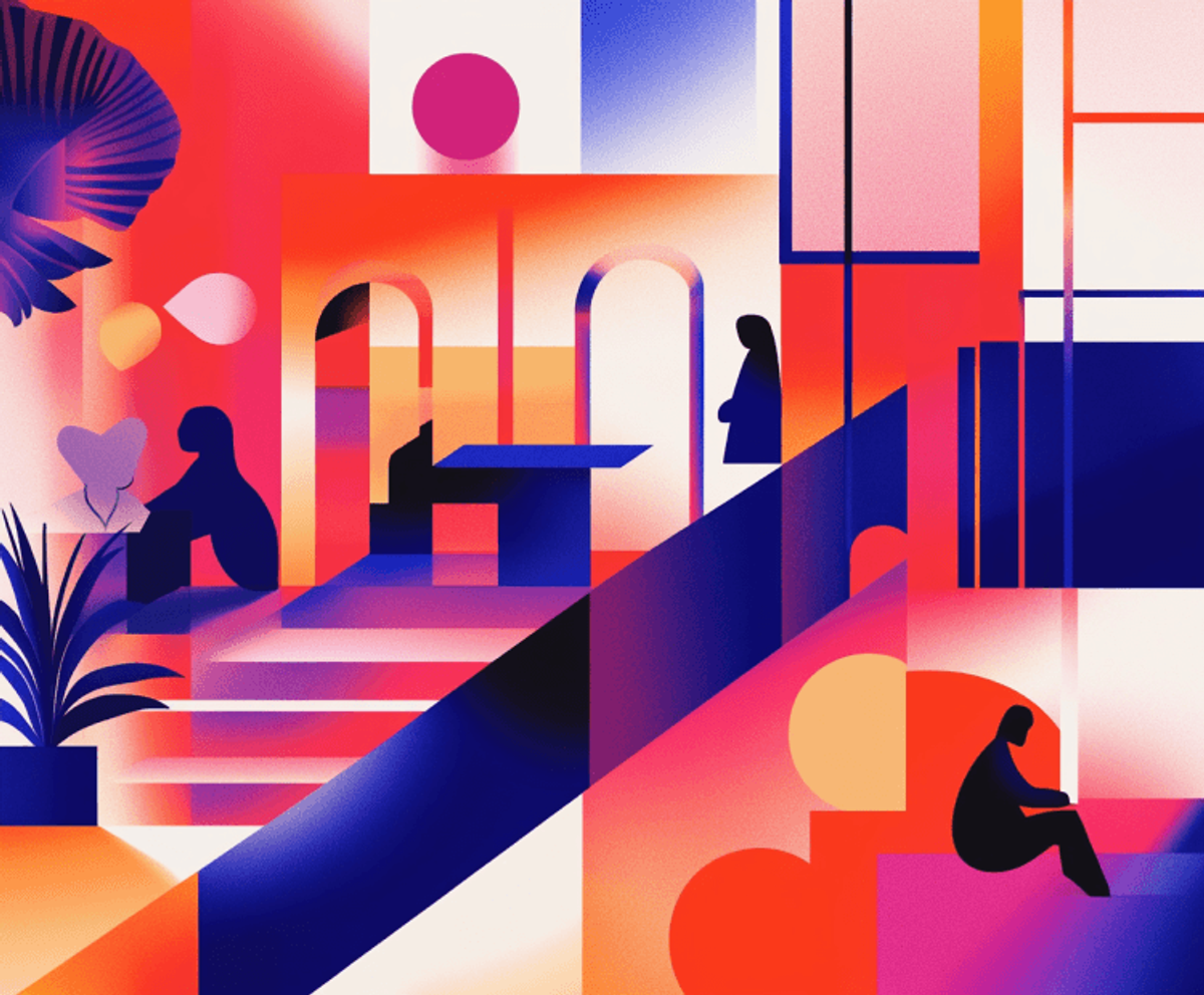 Abstract urban scene with colorful geometric shapes.