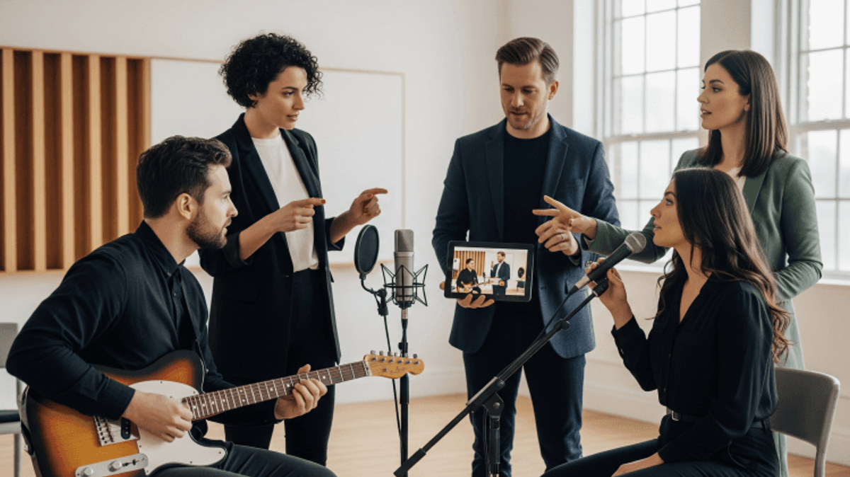 Group recording music session with microphones and instruments.