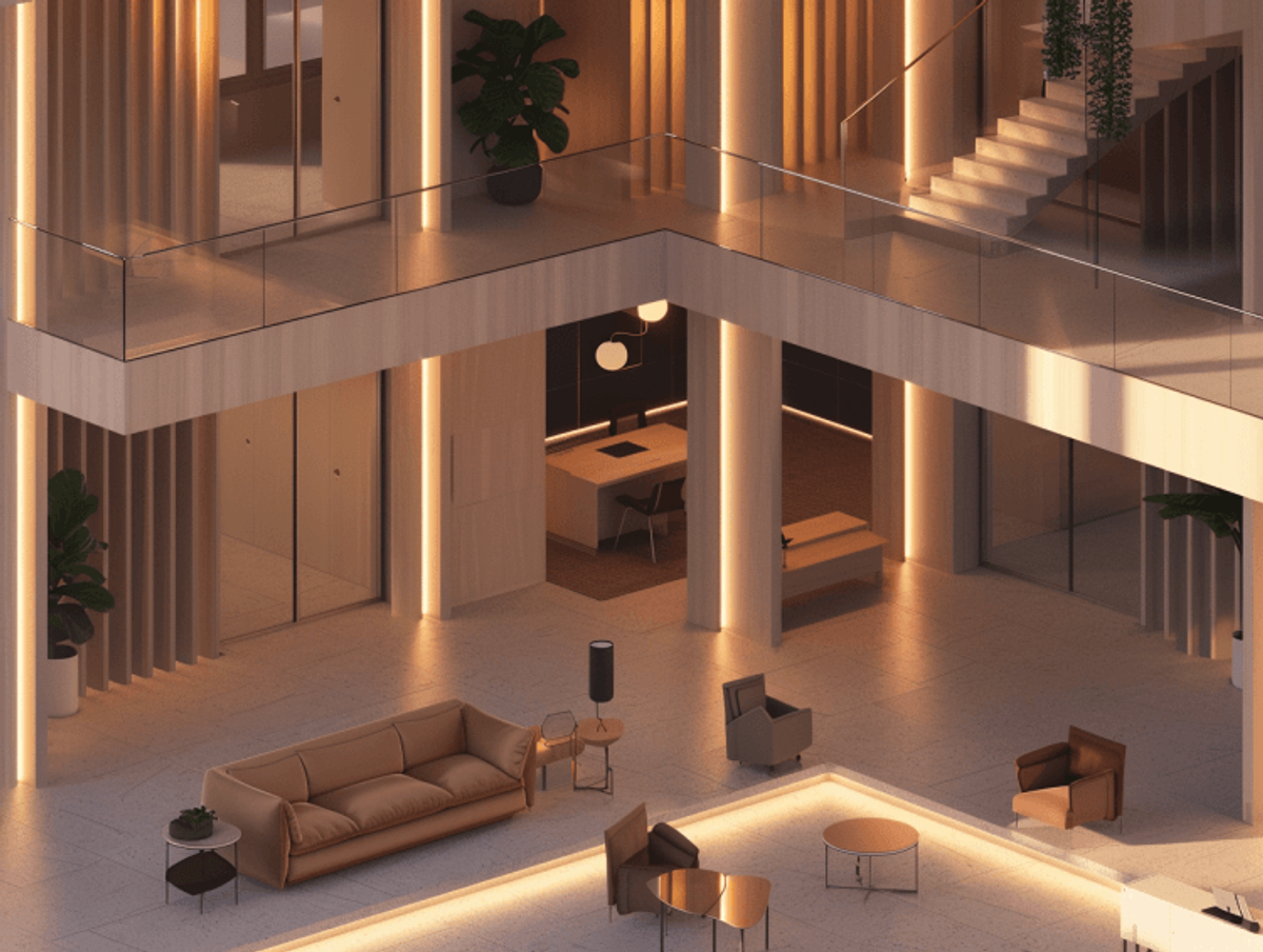 Modern lobby with warm lighting and furniture.