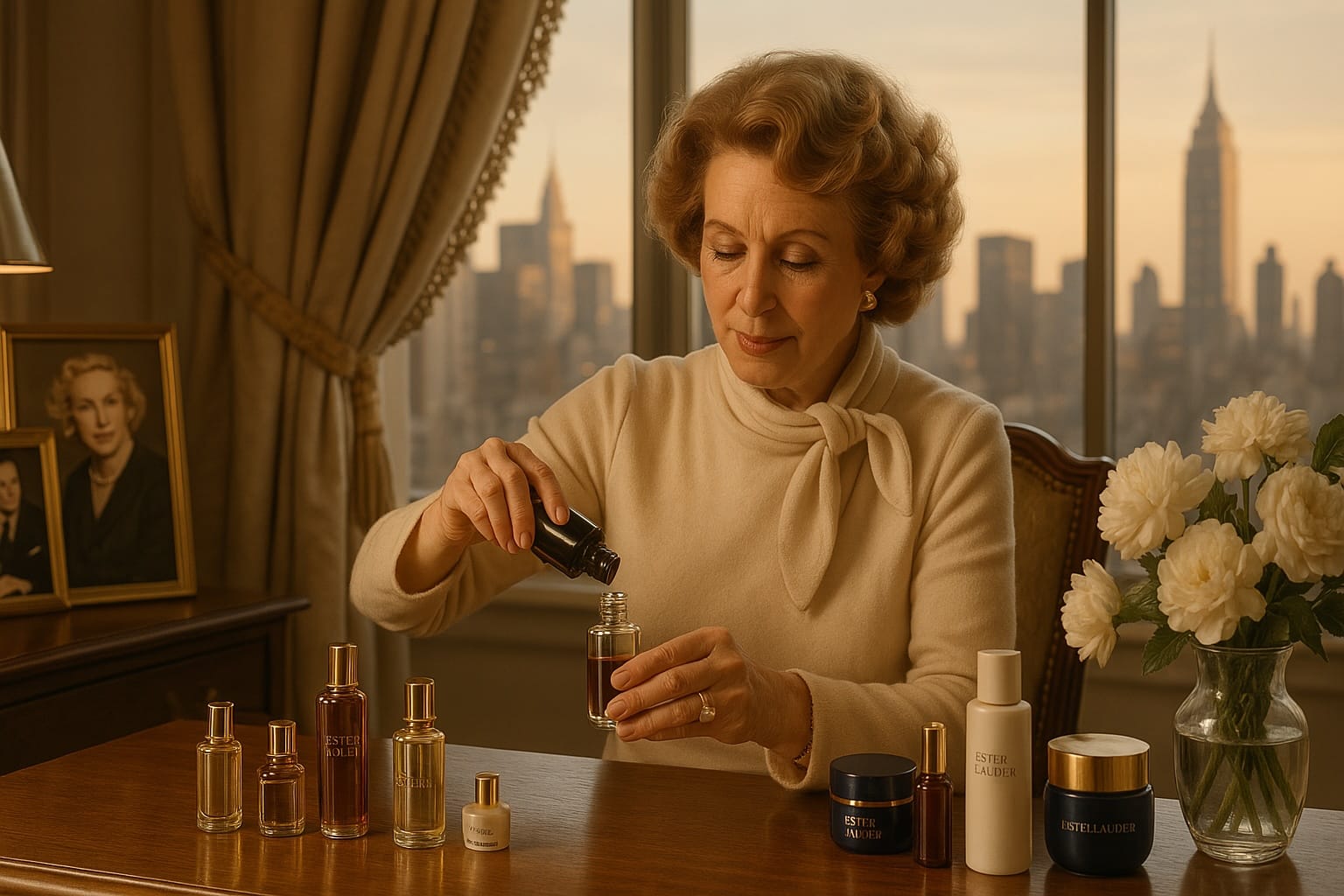 Professional concept illustration for the estée lauder story: how a skincare pioneer built a global beauty empire