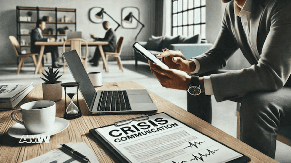 Businessman managing crisis communication in meeting.