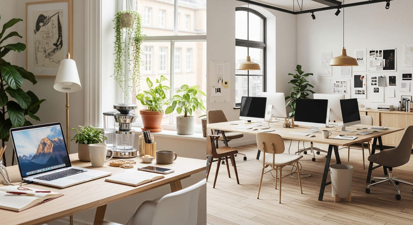 Split view of freelance writer home office and content agency collaborative workspace