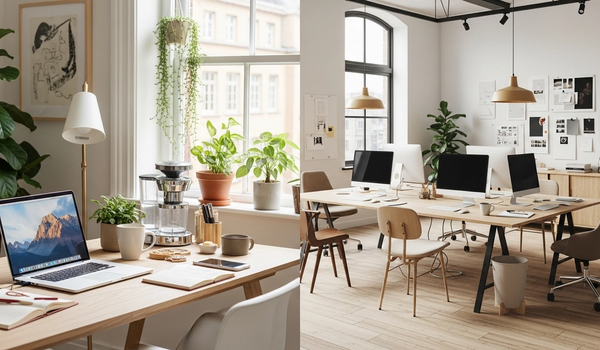 Split view of freelance writer home office and content agency collaborative workspace