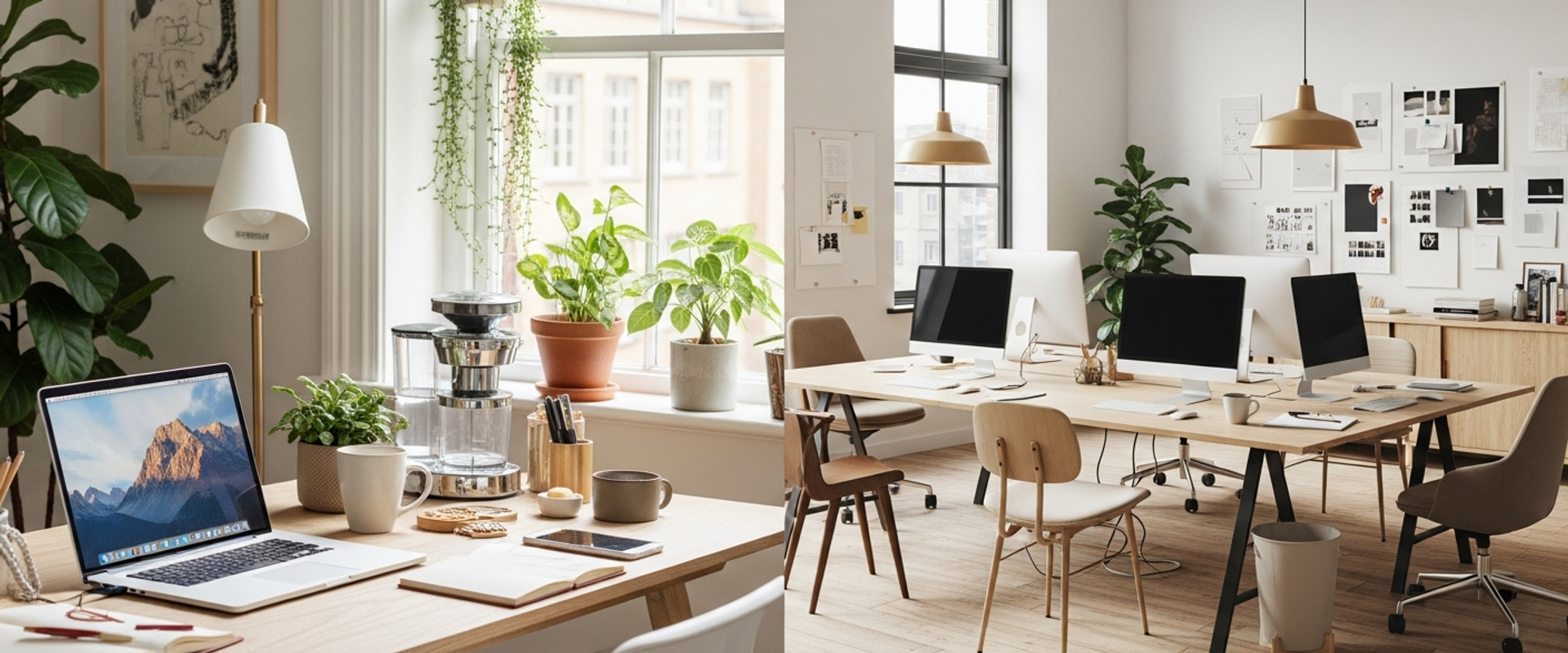 Split view of freelance writer home office and content agency collaborative workspace