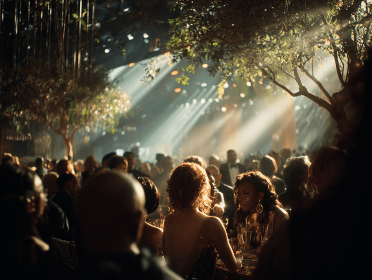 Elegant evening event with guests and trees