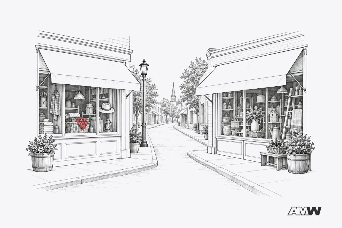 Two small variety stores face each other across a narrow street, one with a bandanna display in the window