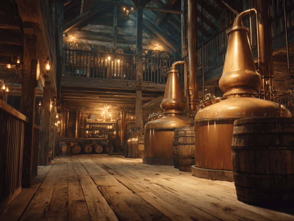 Rustic distillery with copper stills and barrels.